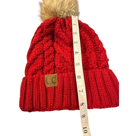 C.C Red Cable Knit Pom Beanie Hat With Faux Fur Pom One Size - Picture 4 of 9